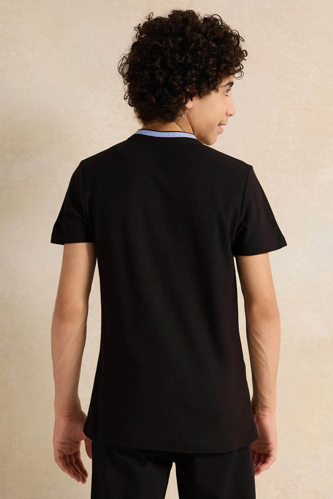 Senior Boys Black Button Collar Polo T-Shirt