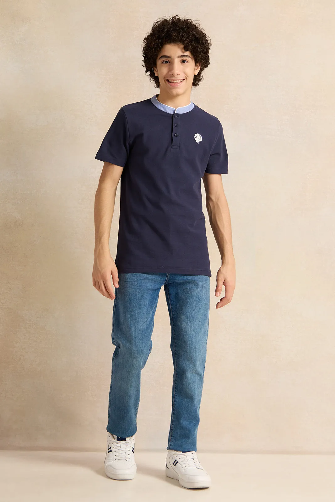 Senior Boys Navy Mandarin Collar Polo T-Shirt