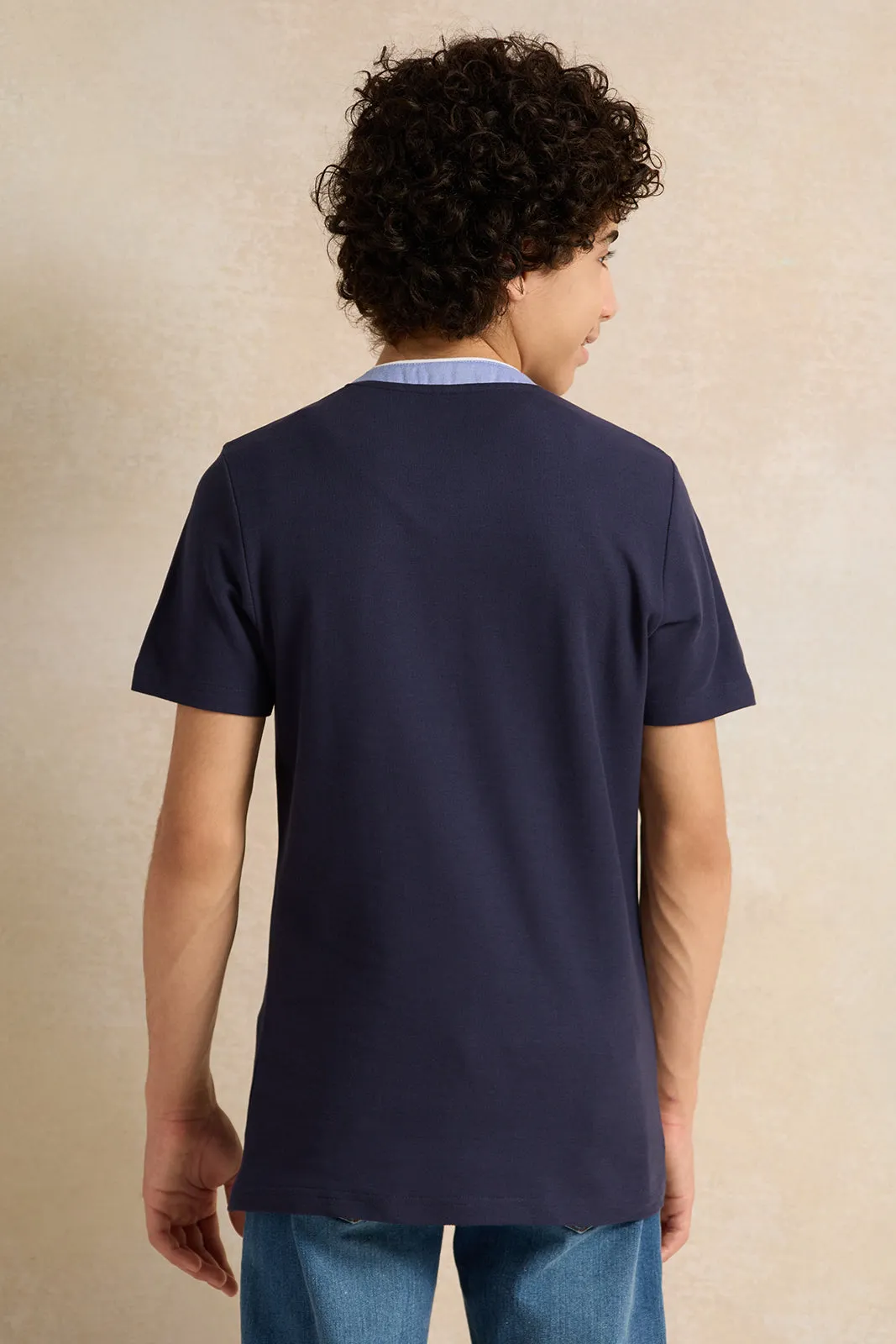 Senior Boys Navy Mandarin Collar Polo T-Shirt