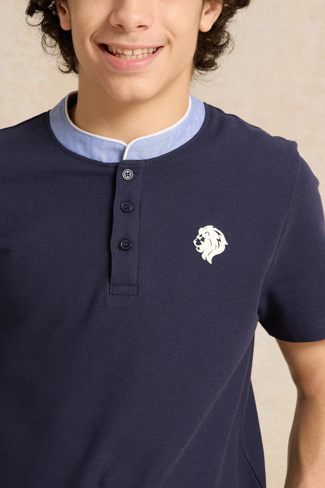 Senior Boys Navy Mandarin Collar Polo T-Shirt