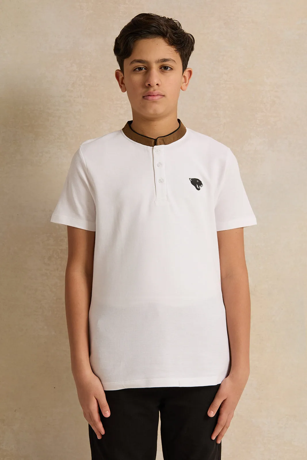 Senior Boys White Mandarin Collar Polo Shirt