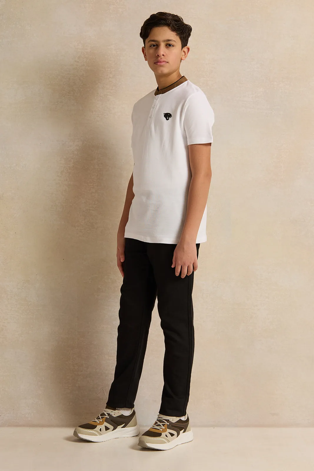 Senior Boys White Mandarin Collar Polo Shirt