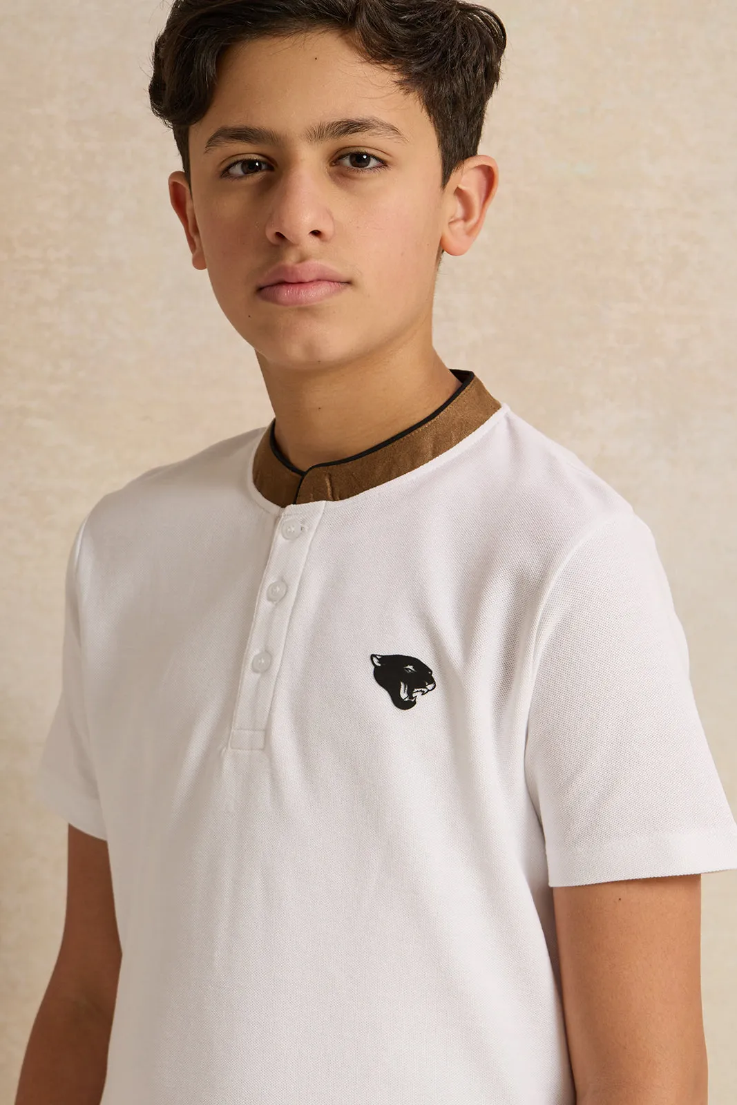 Senior Boys White Mandarin Collar Polo Shirt