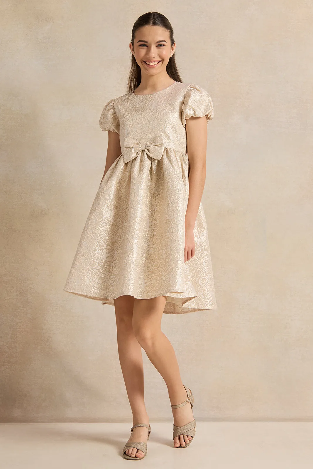 Senior Girls Beige Jacquard Dress