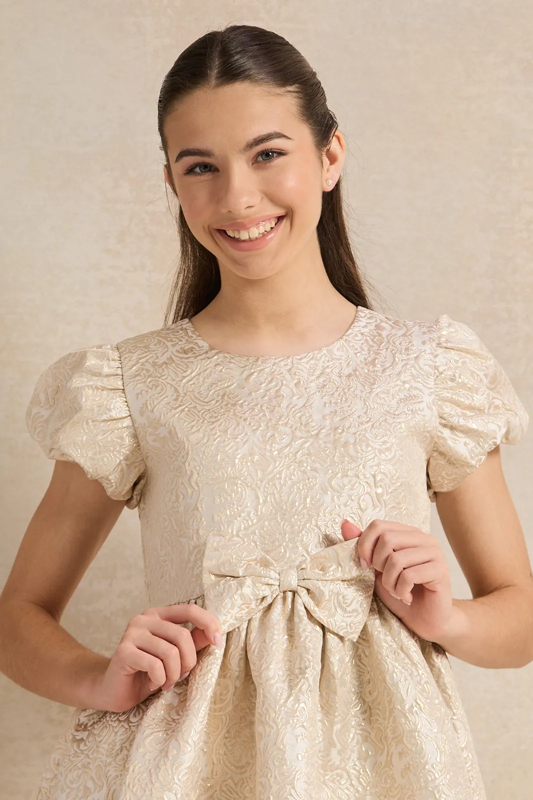 Senior Girls Beige Jacquard Dress