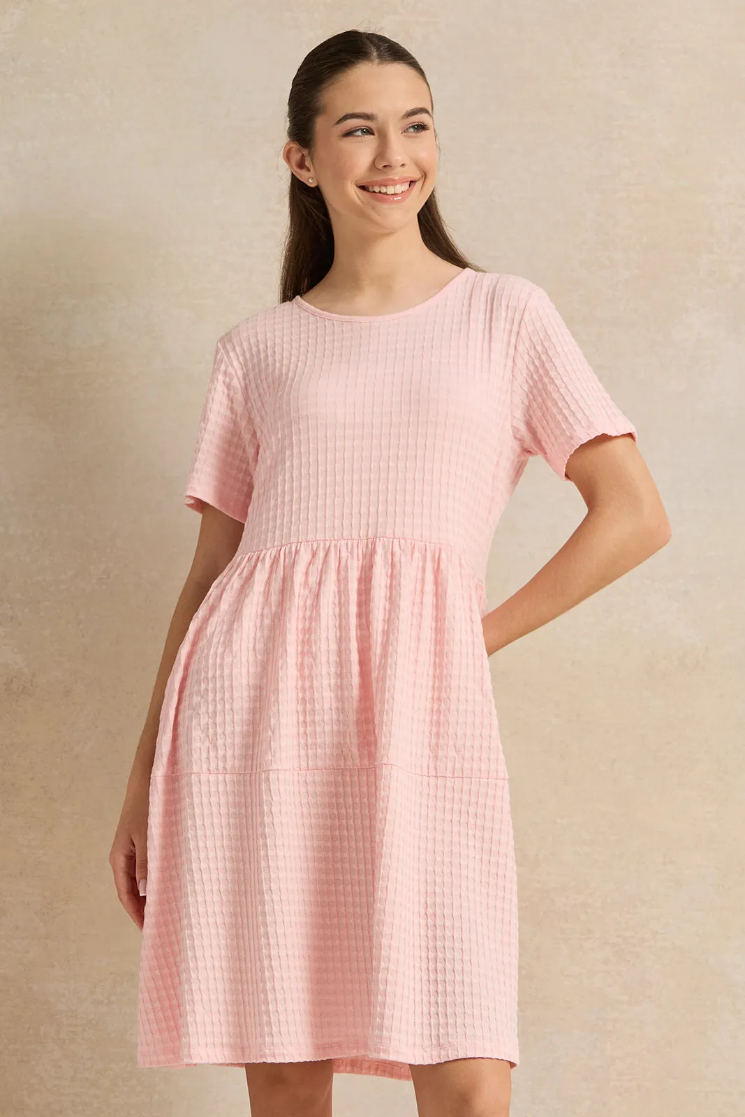 Senior Girls Pink Jacquard Tiered  Dress