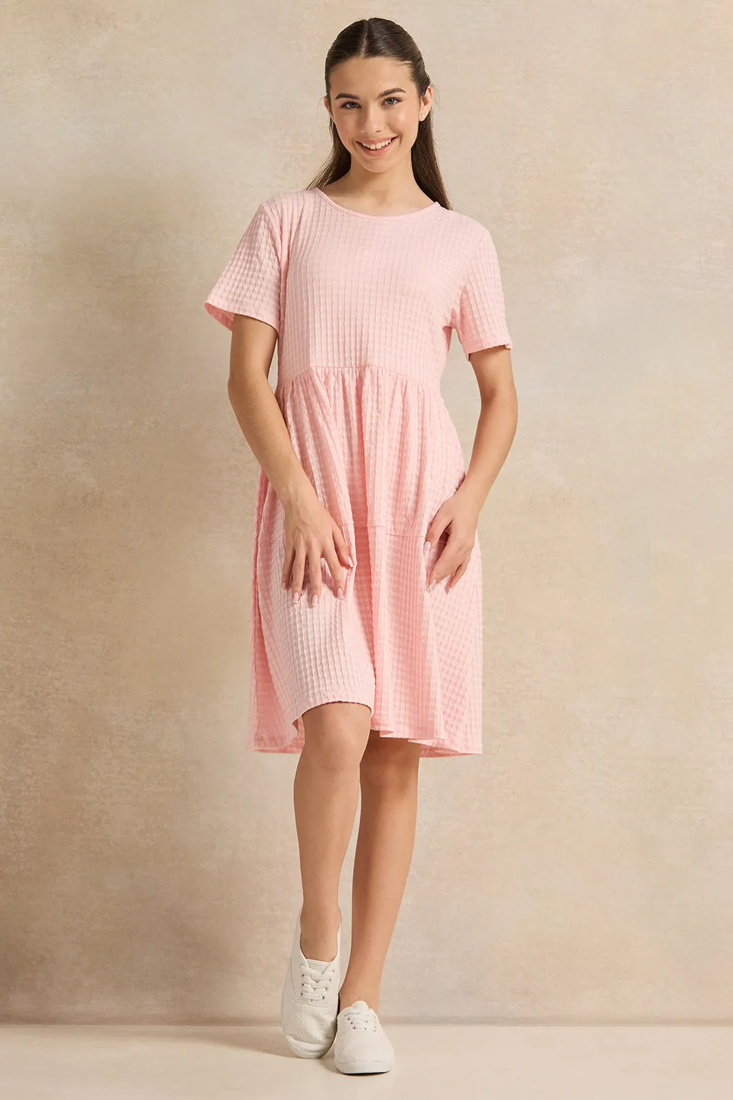 Senior Girls Pink Jacquard Tiered  Dress