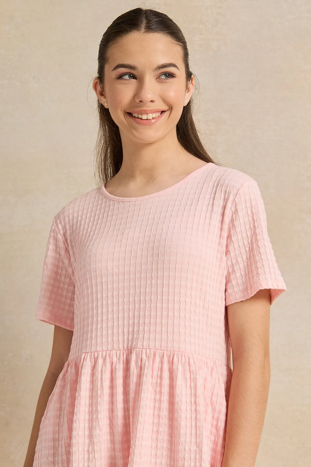 Senior Girls Pink Jacquard Tiered  Dress