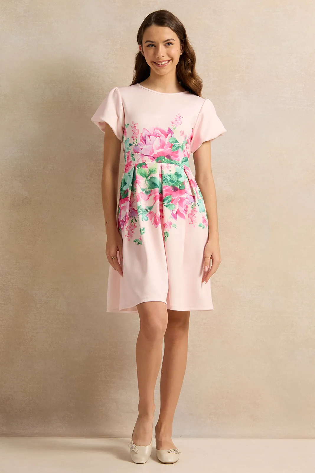 Senior Girls Pink Printed Dress