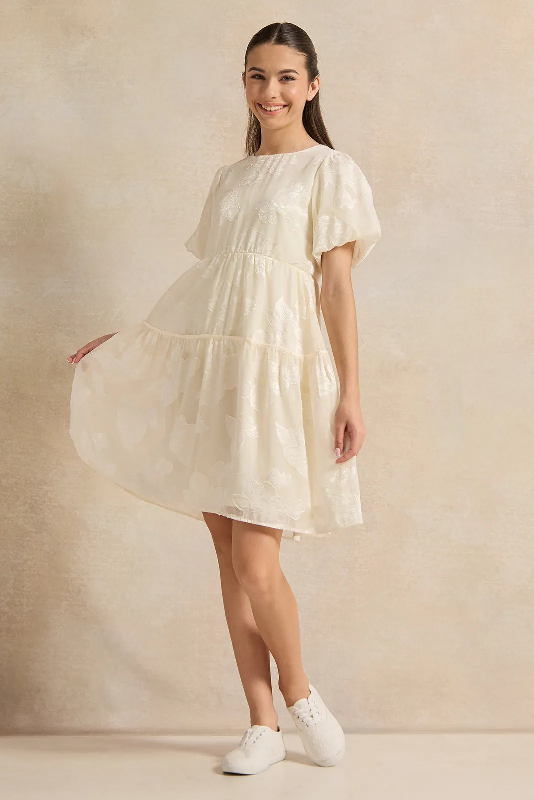 Senior Girls White Dobby Dress