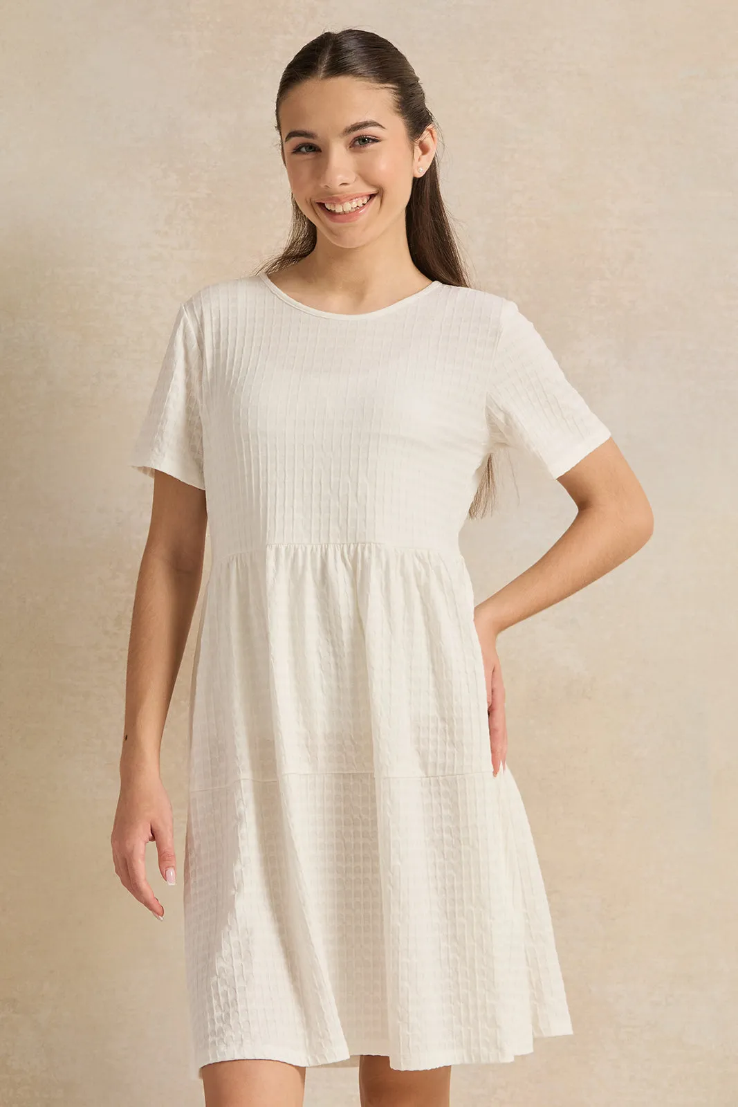 Senior Girls White Jacquard Tiered  Dress