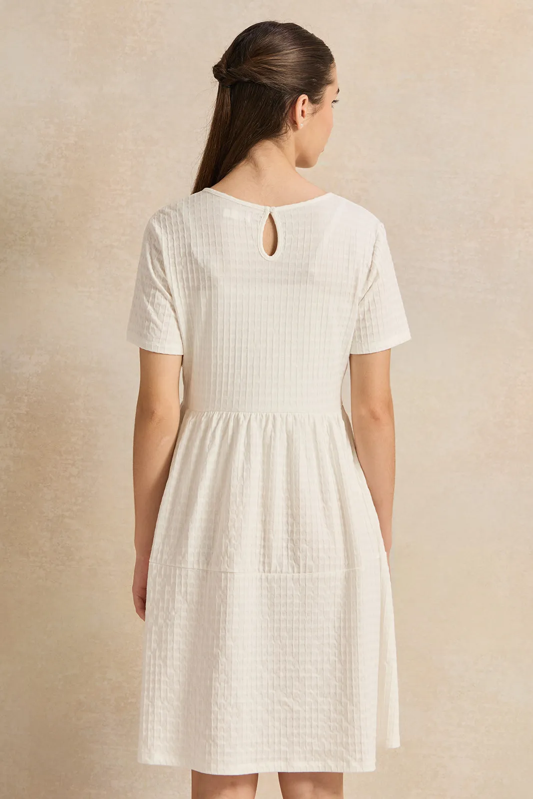 Senior Girls White Jacquard Tiered  Dress