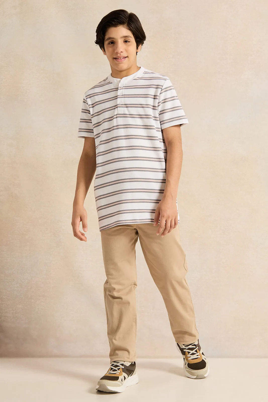 Senior White And Grey Mandarin Collar Stripe Polo T-Shirt