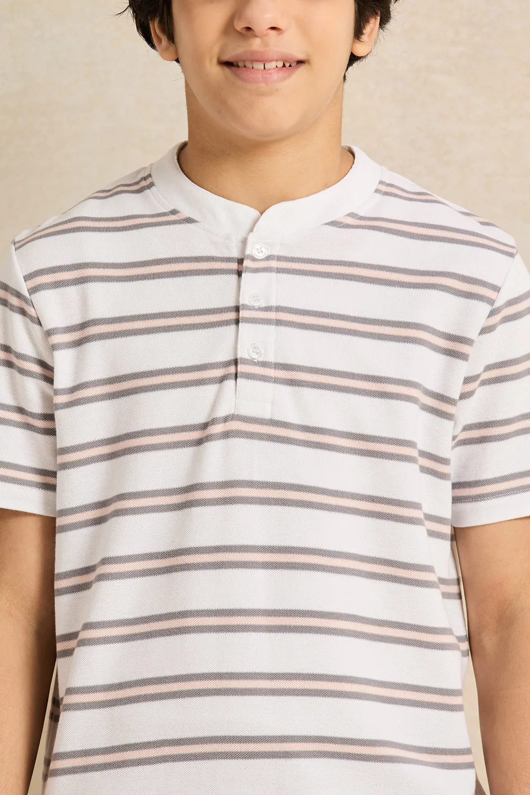 Senior White And Grey Mandarin Collar Stripe Polo T-Shirt