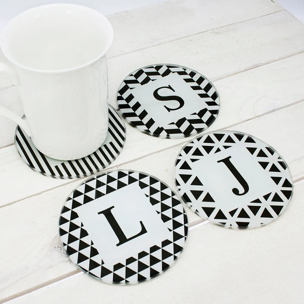 Set of Four Glass Coasters - Black & White Design