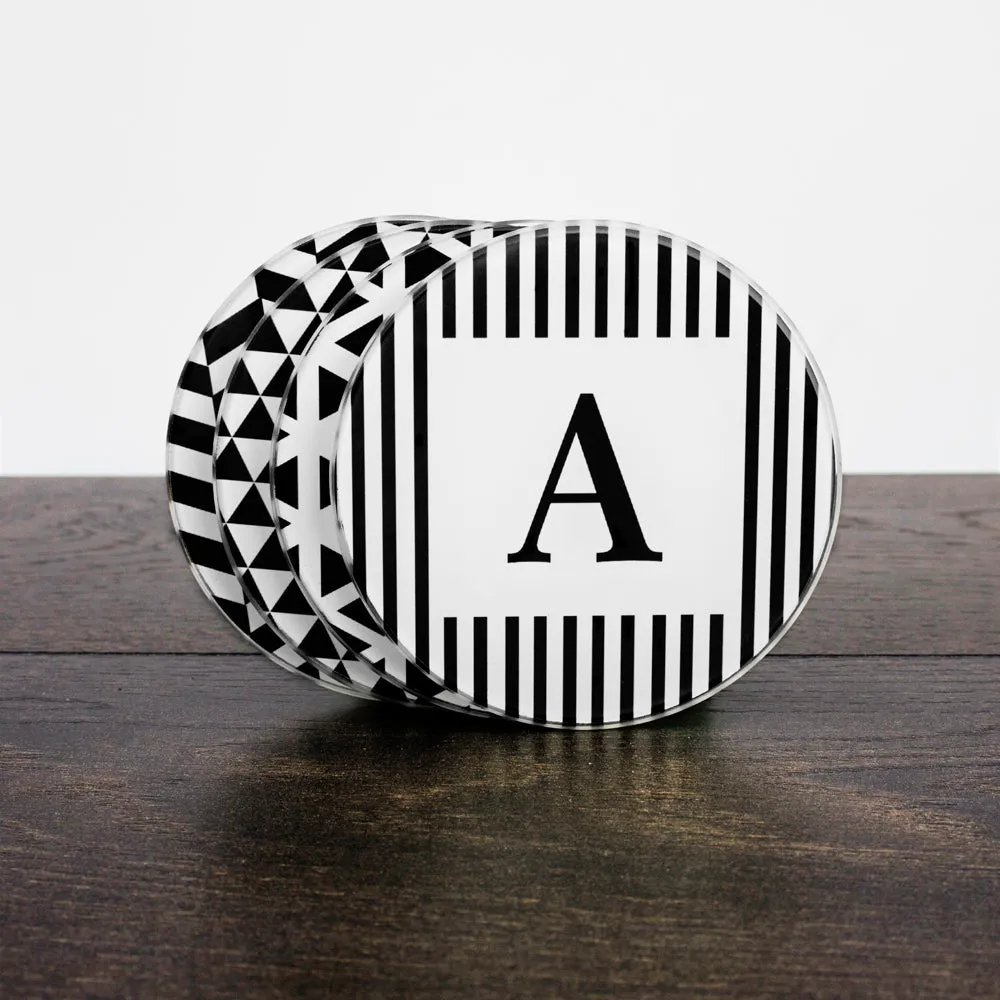 Set of Four Glass Coasters - Black & White Design