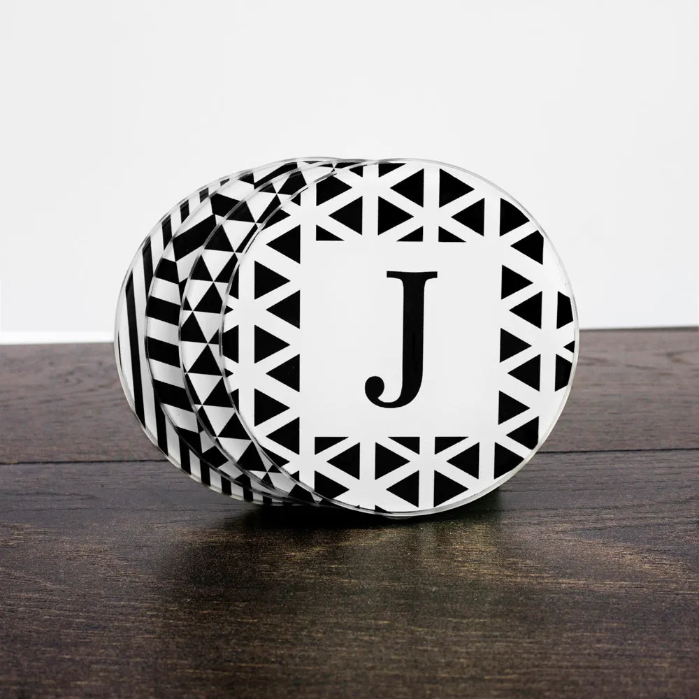 Set of Four Glass Coasters - Black & White Design