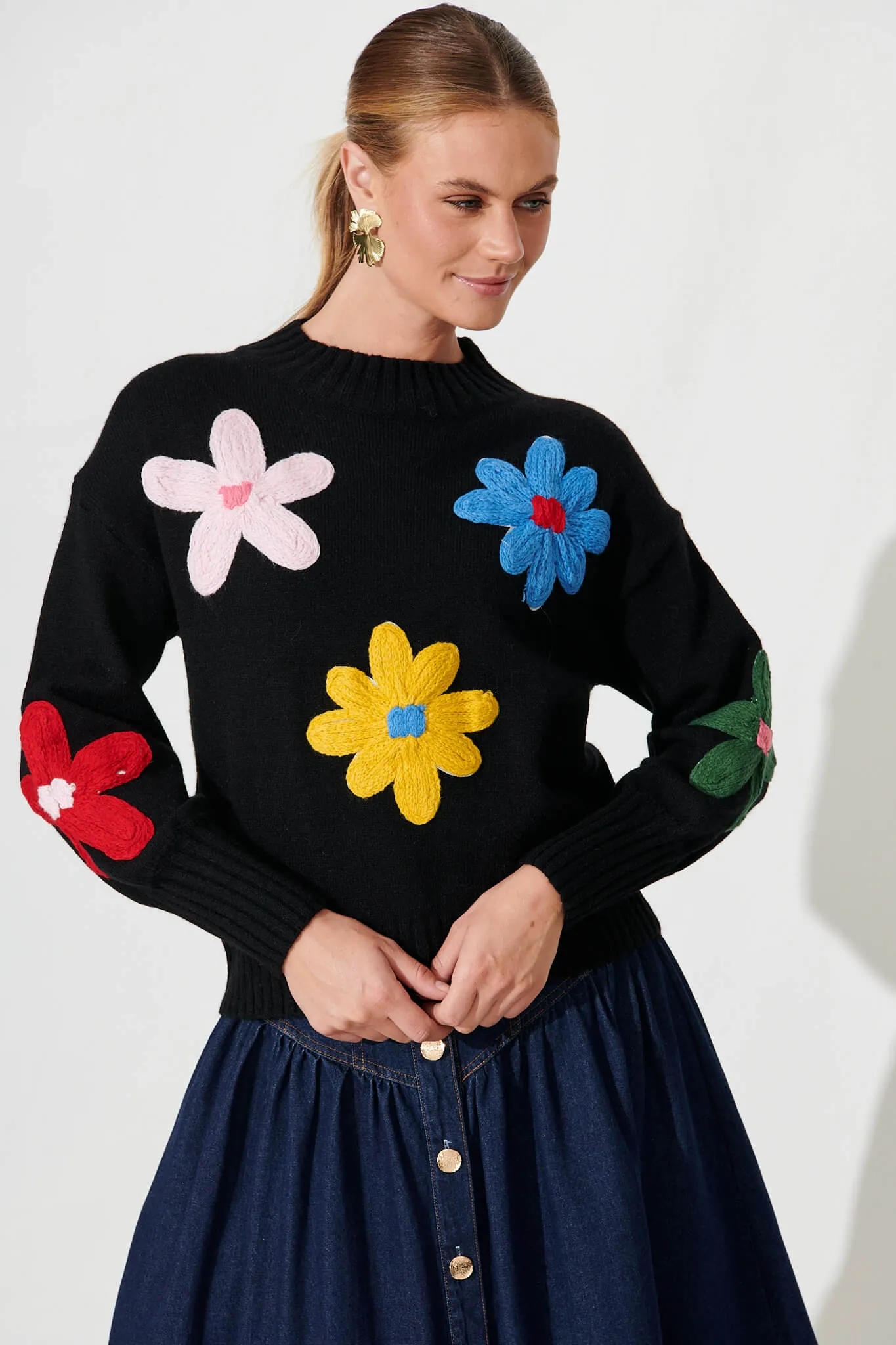 Sette Knit In Black With Multi Flower Wool Blend