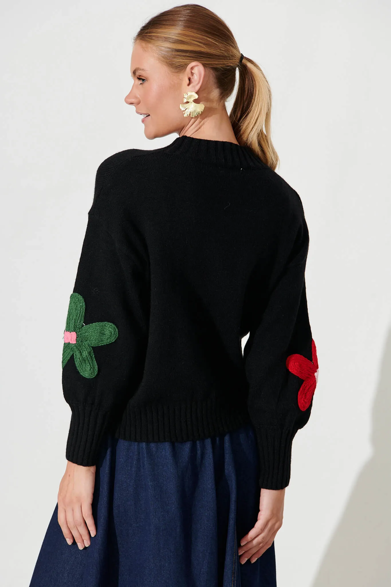 Sette Knit In Black With Multi Flower Wool Blend