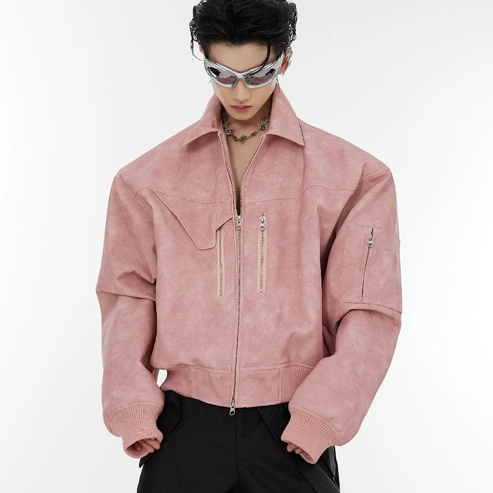 Shoulder Pads Washed PU Leather Jacket