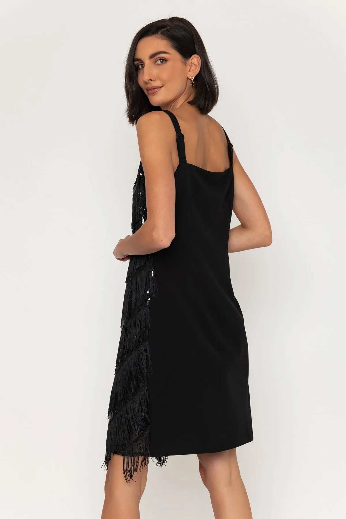 Sleeveless Sequin Fringe Knee Length Dress in Black