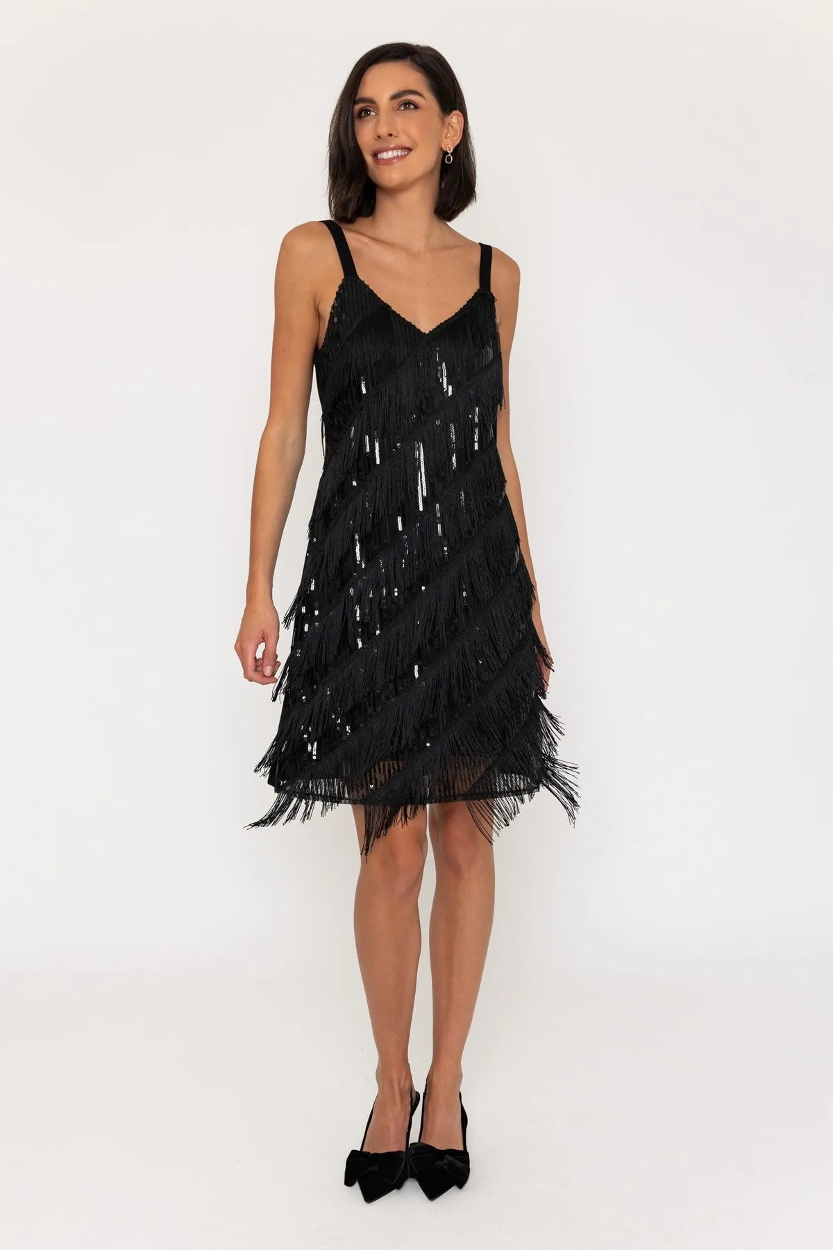 Sleeveless Sequin Fringe Knee Length Dress in Black