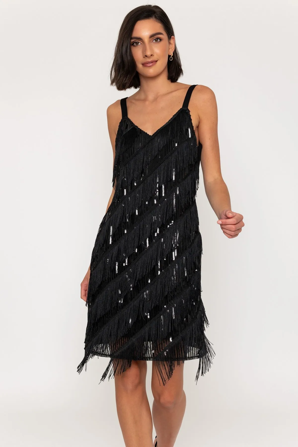 Sleeveless Sequin Fringe Knee Length Dress in Black