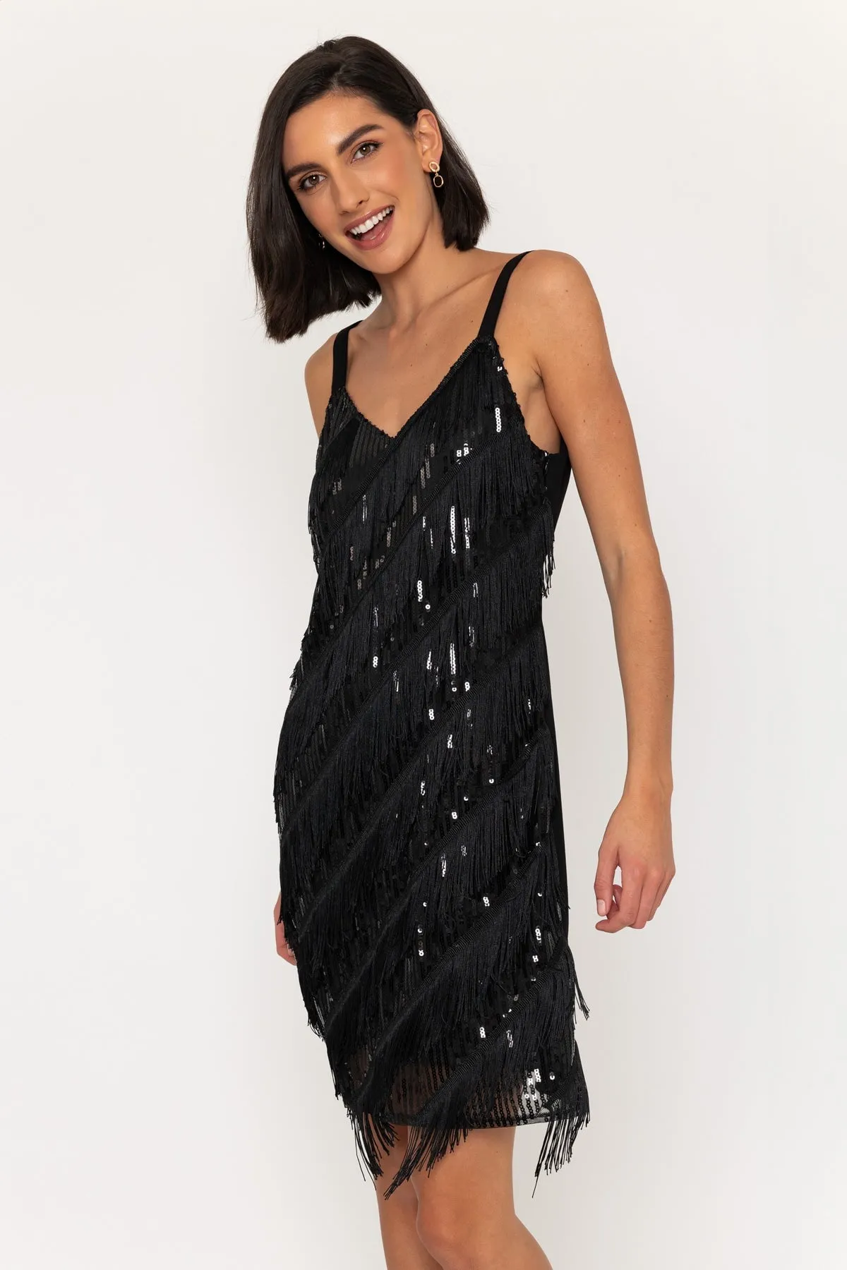 Sleeveless Sequin Fringe Knee Length Dress in Black