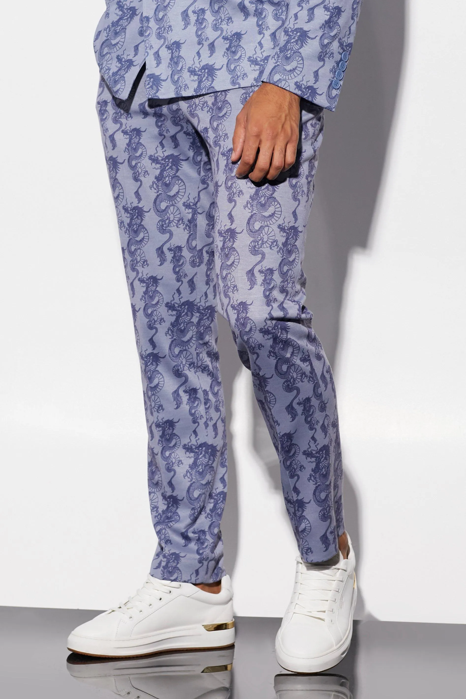 Slim Fit Dragon Printed Suit Trousers