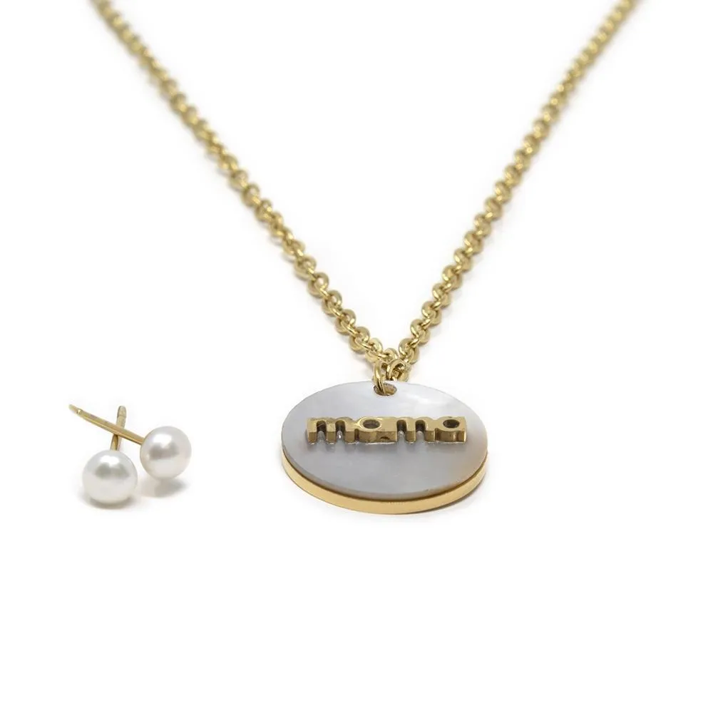 Stainless Steel MOP Mama Necklace Earrings Set Gold Plated