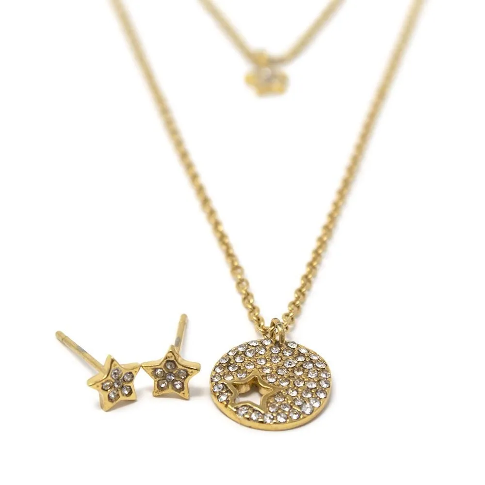 Stainless Steel Star Pave Layered Necklace Earrings Set Gold Plated