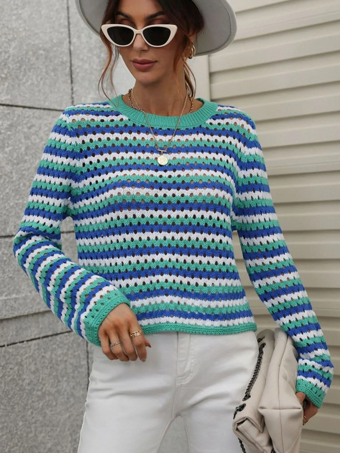 Striped Openwork Long Sleeve Knit Pullover