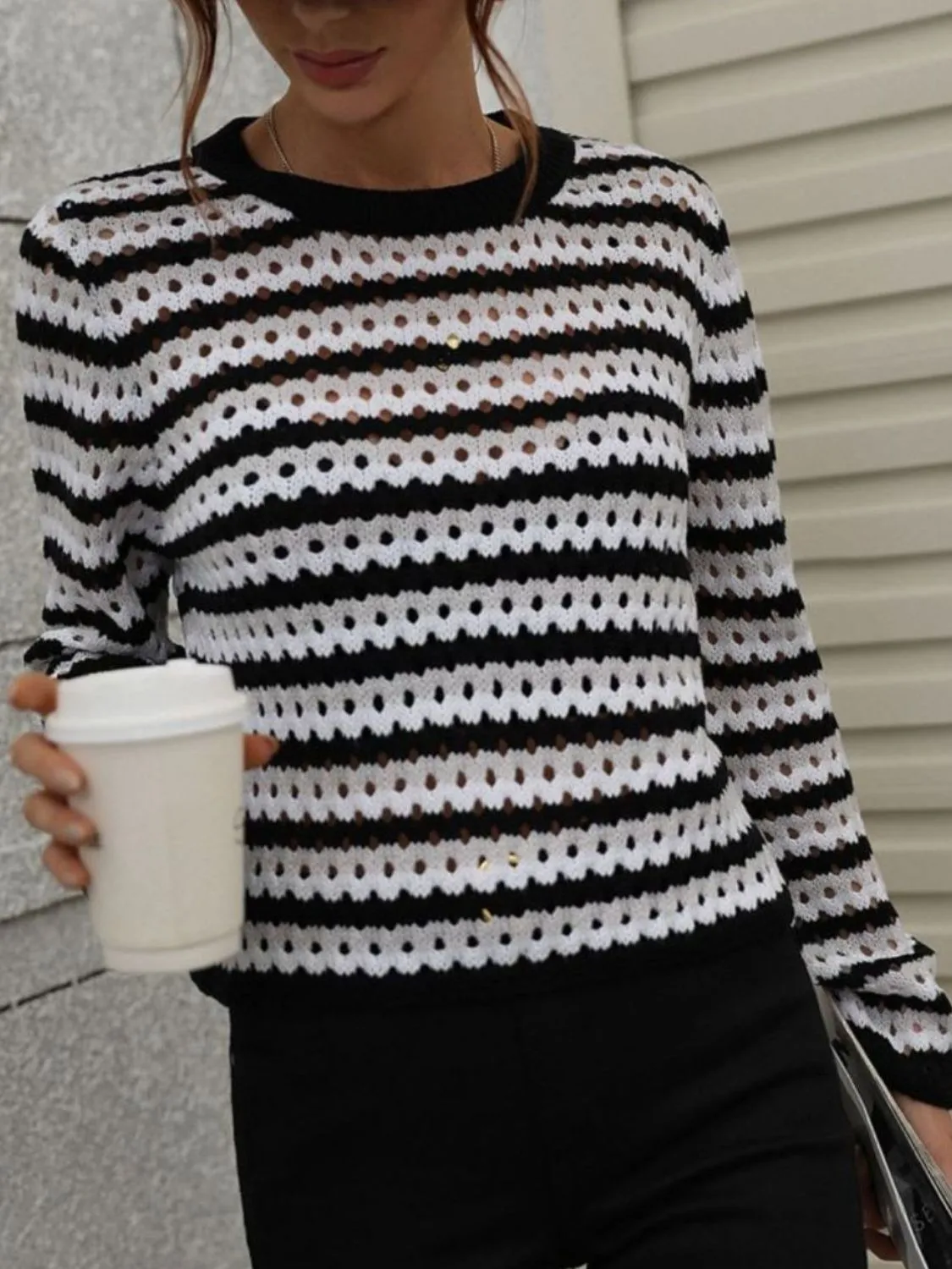 Striped Openwork Long Sleeve Knit Pullover