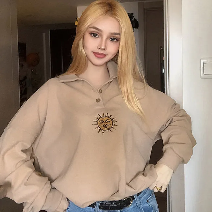 Sun Embroidery Button Up Sweatshirt