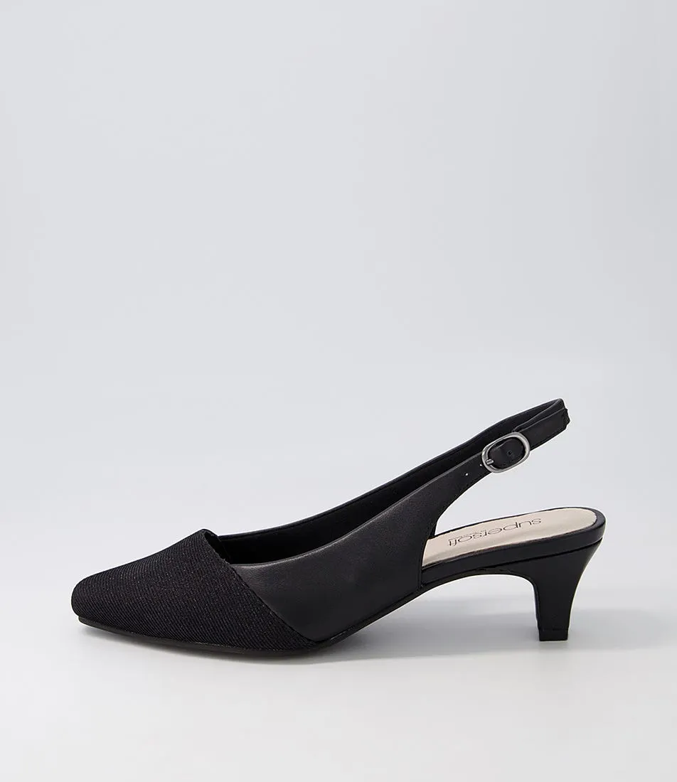 SUPERSOFT Linsain Black Sparkle Fabric Leather Heels