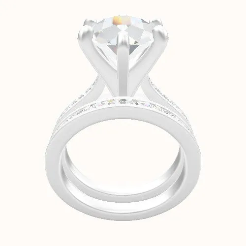 Tapered Channel Set Engagement Ring With Classic Six Prong Head and Matching Band