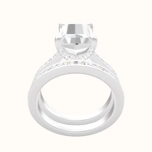 Tapered Channel Set Engagement Ring With Pave V Prong Head and Matching Band