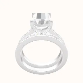 Tapered Channel Set Engagement Ring With Pave V Prong Head and Matching Band