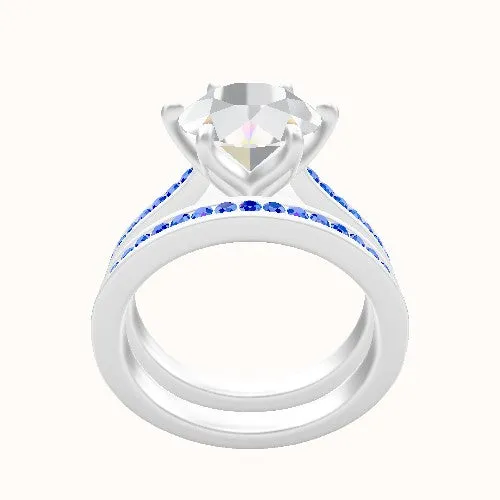 Tapered Channel Set Engagement Ring With Petal Six Prong Head and Matching Band