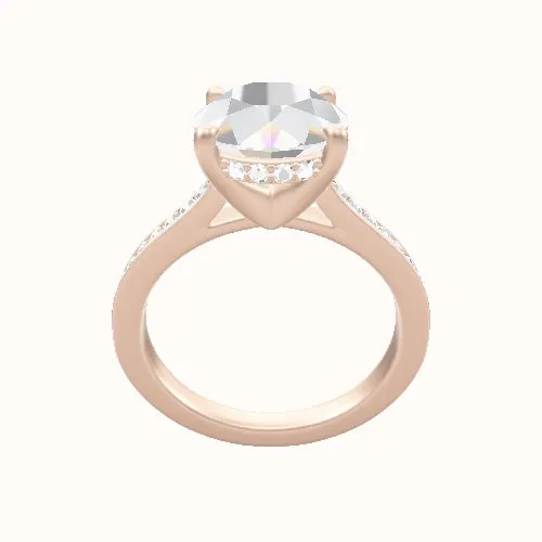 Tapered Channel Set Engagement Ring With V Prong with Hidden Halo Head