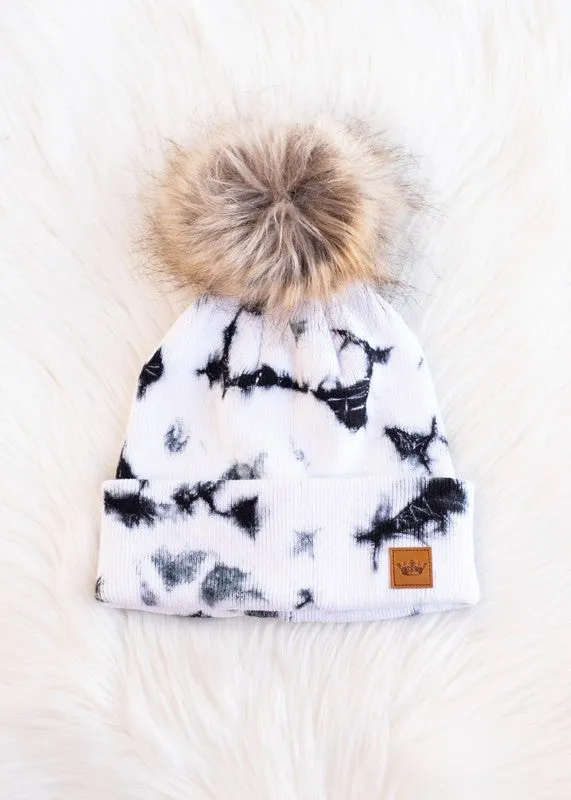 Tie Dye Knit Hat with Faux Fur Pom