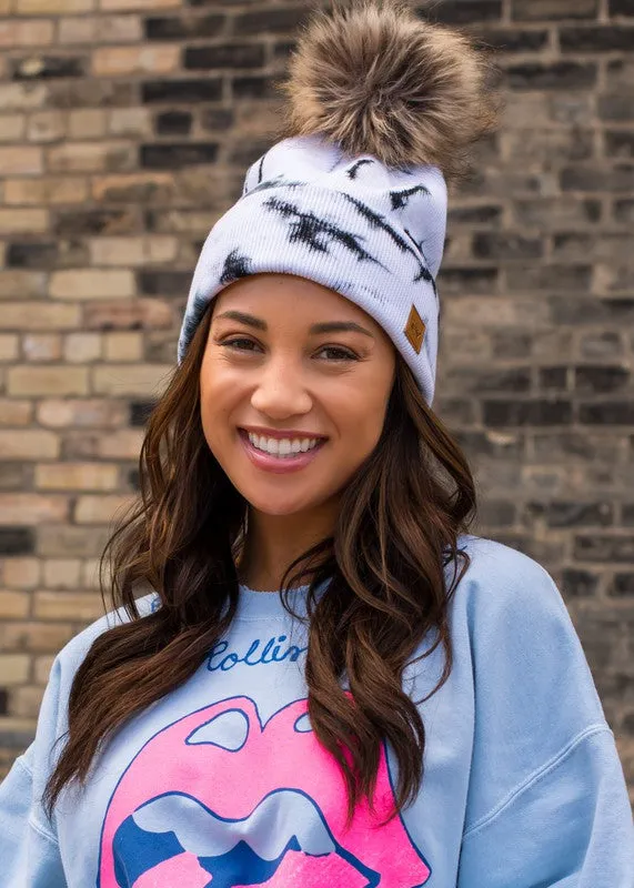 Tie Dye Knit Hat with Faux Fur Pom