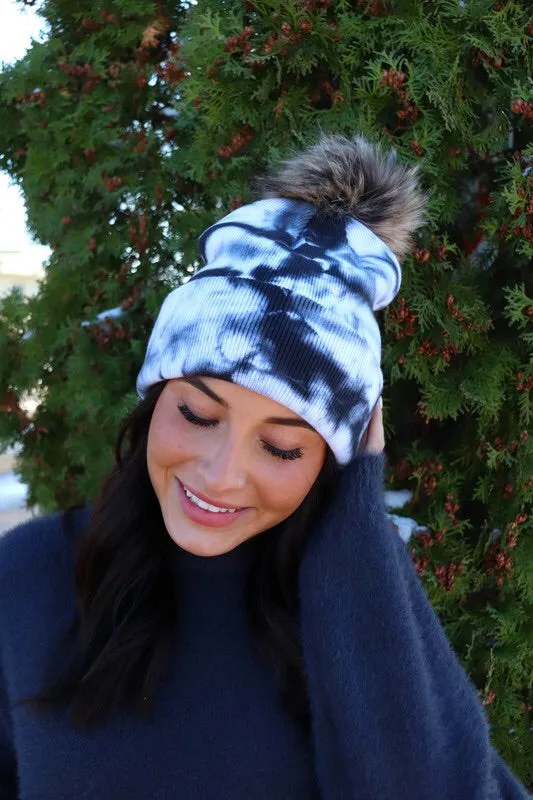 Tie Dye Knit Hat with Faux Fur Pom