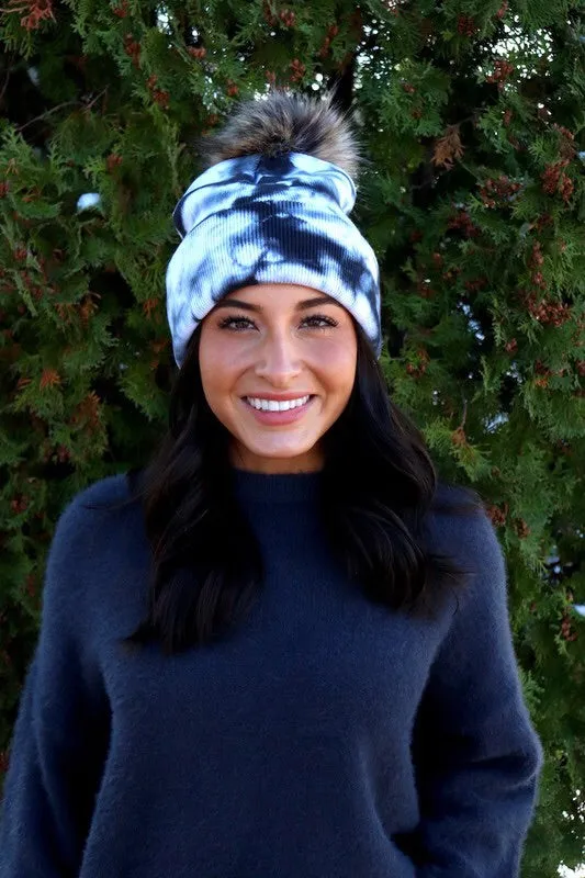 Tie Dye Knit Hat with Faux Fur Pom