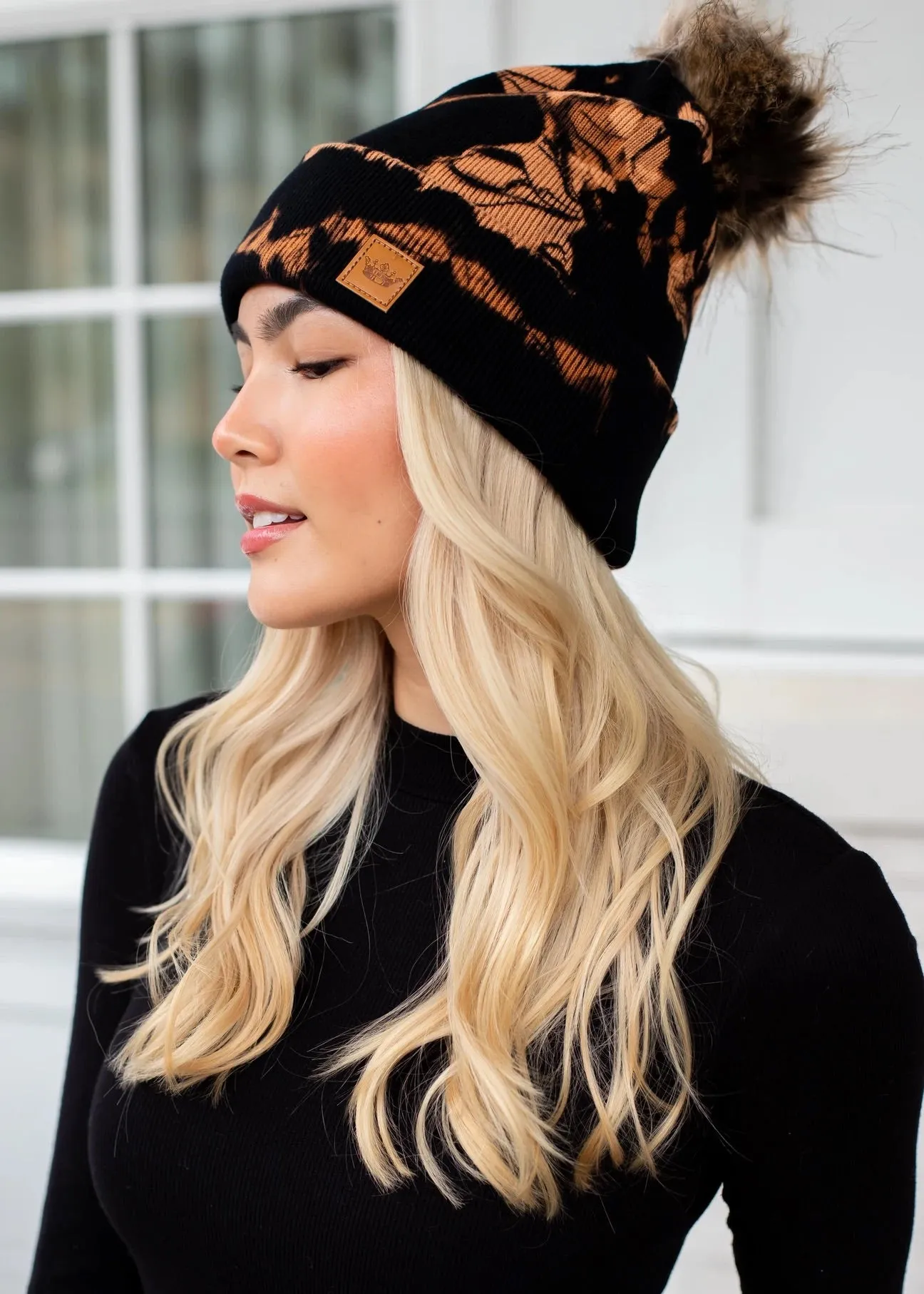 Tie Dye Knit Hat with Faux Fur Pom