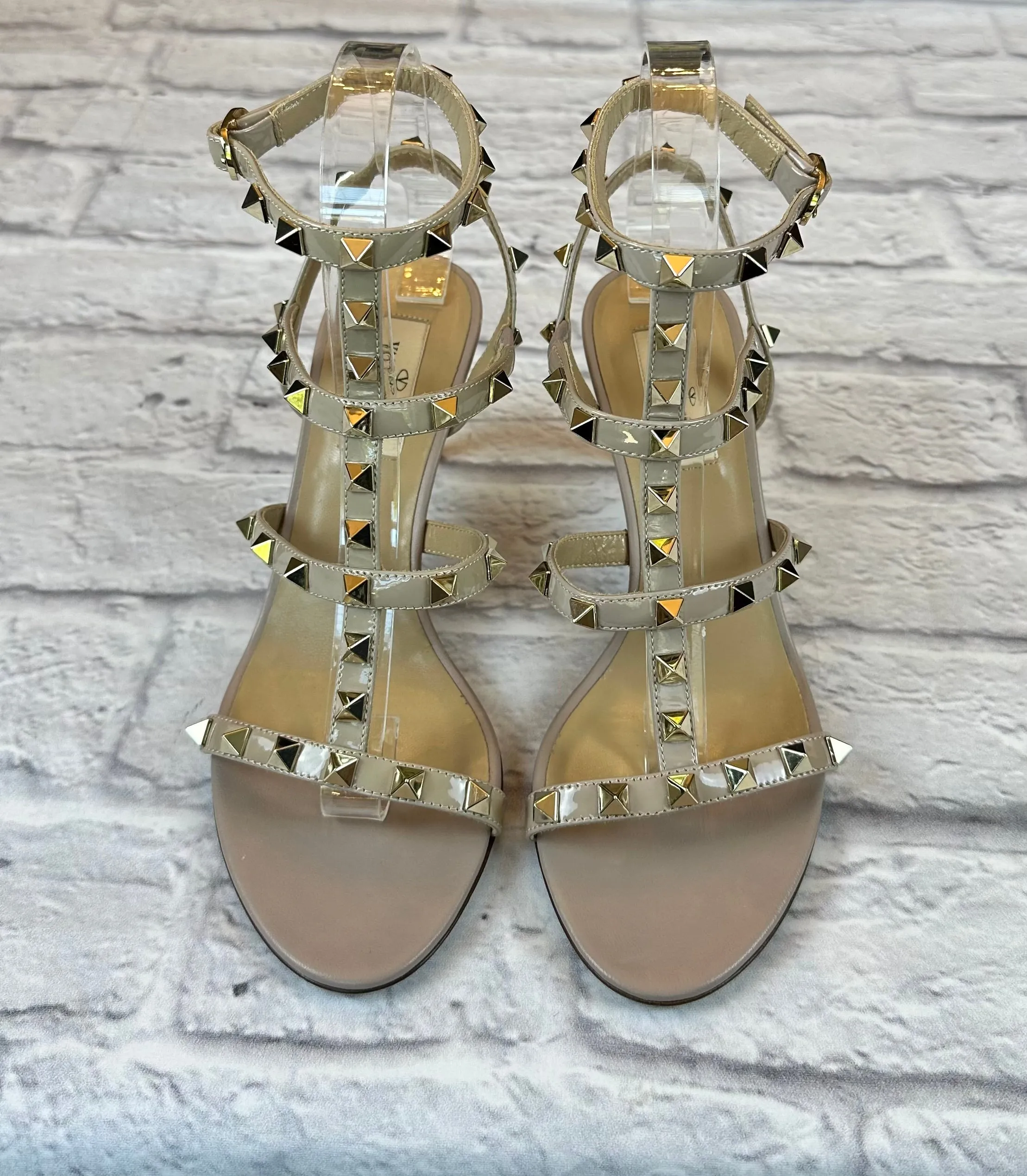 Valentino Patent Poudre Rockstud Caged Heels, Size 37