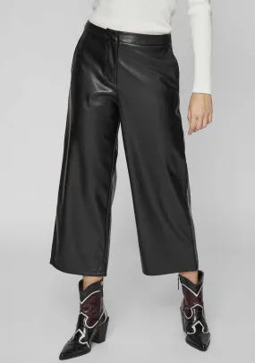 Vila Dagma Faux Leather Cropped Wide Leg Trousers, Black