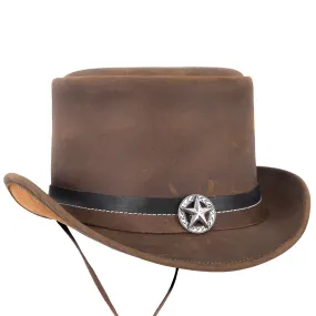 Vintage Style 100% Genuine Leather Brown Top Hat with Decorative Star Hatband