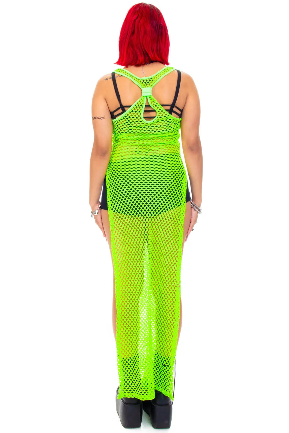 Vintage Y2K Neon Green Fishnet Tank Dress - M/L