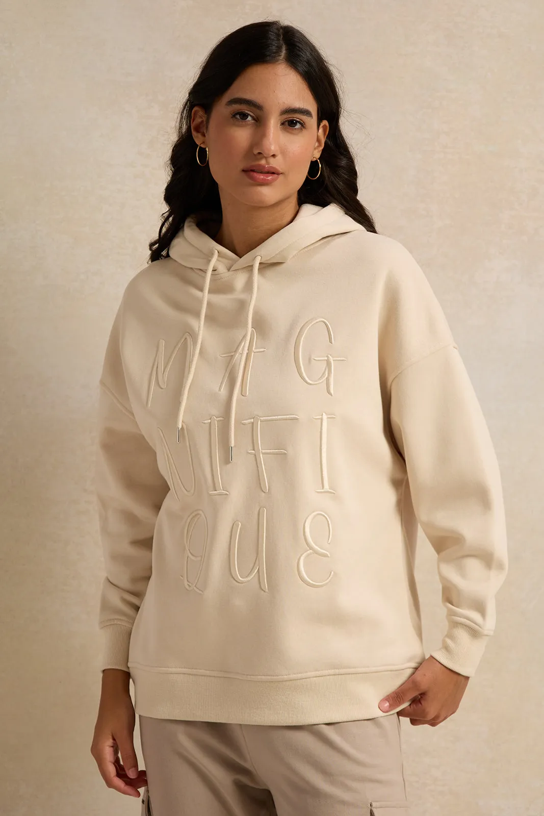 Women Beige Oversized Hooded Sweatshirt